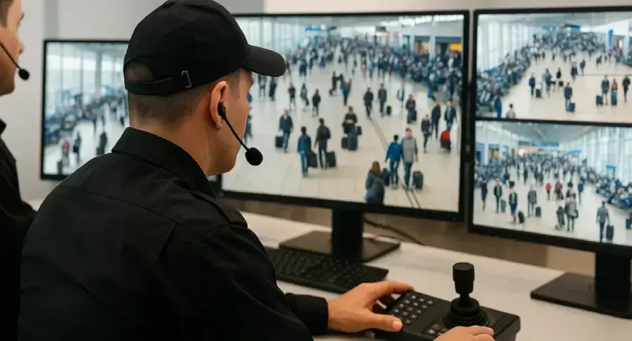 Security staff monitoring CCTV footage at a Pakistani airport terminal after FIA orders camera installation at arrival and departure gates