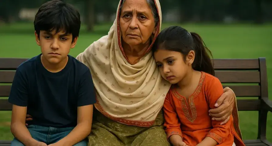 An elderly South Asian woman sitting on a wooden bench with her grandchildren, symbolizing emotional turmoil caused by deportation after decades of peaceful living.