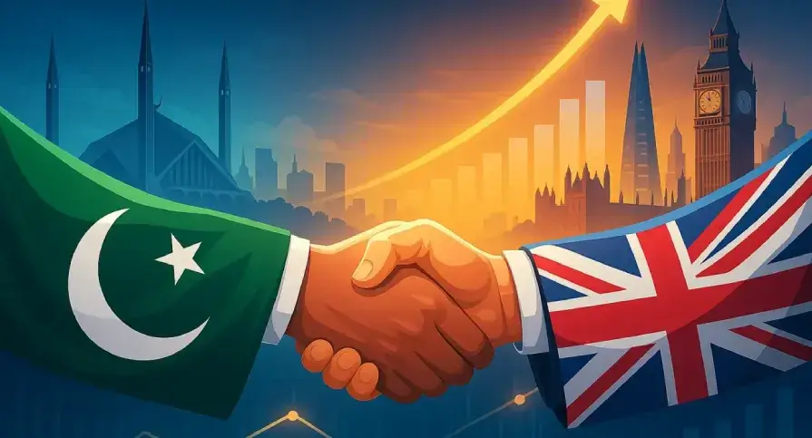 A digital illustration showing the United Kingdom and Pakistan flags merging in a handshake, symbolizing strategic partnership and economic collaboration.