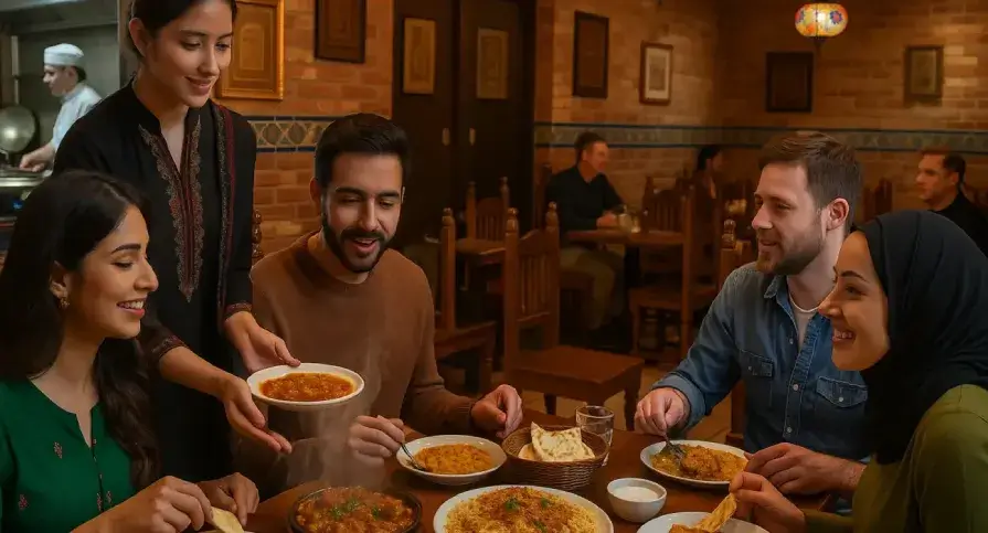 A modern Pakistani restaurant interior with traditional décor, welcoming ambiance, and steaming plates of biryani and karahi served to a diverse group of diners