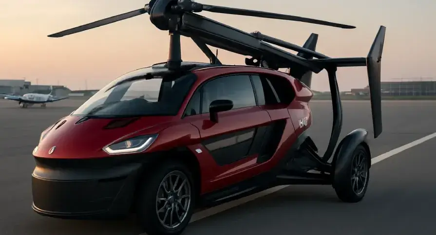 PAL-V Liberty flying car on UAE runway at sunset, showcasing foldable rotors and aerodynamic design—symbol of futuristic urban air mobility and innovation in transportation