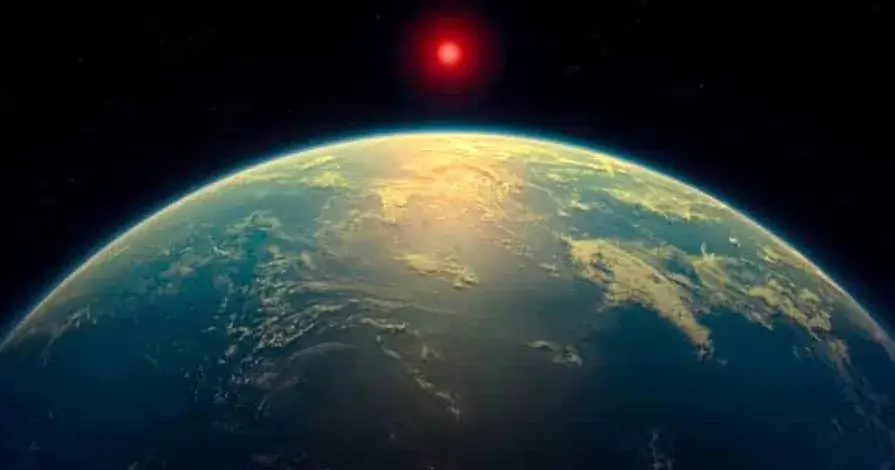 A cosmic rendering of exoplanet K2-18b with atmospheric haze, symbolizing the search for life beyond Earth through James Webb Space Telescope findings.