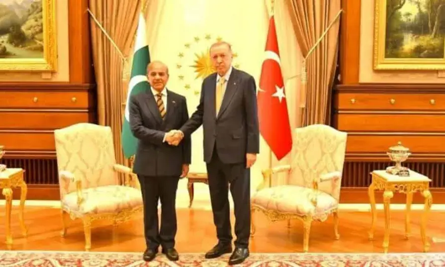 PM Shehbaz Sharif and Turkish President Recep Tayyip Erdogan shake hands during a bilateral meeting in Ankara focused on Pakistan-Turkiye relations