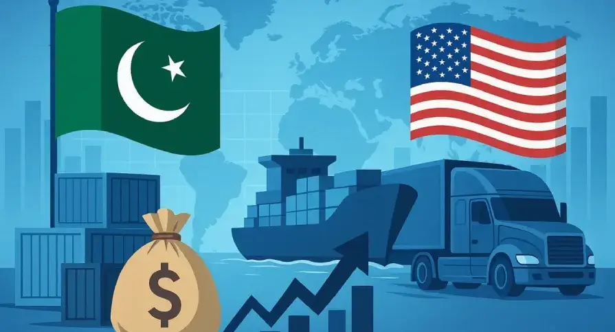 Illustration of shipping containers, cargo planes, and textile production representing Pakistan’s export growth to the U.S