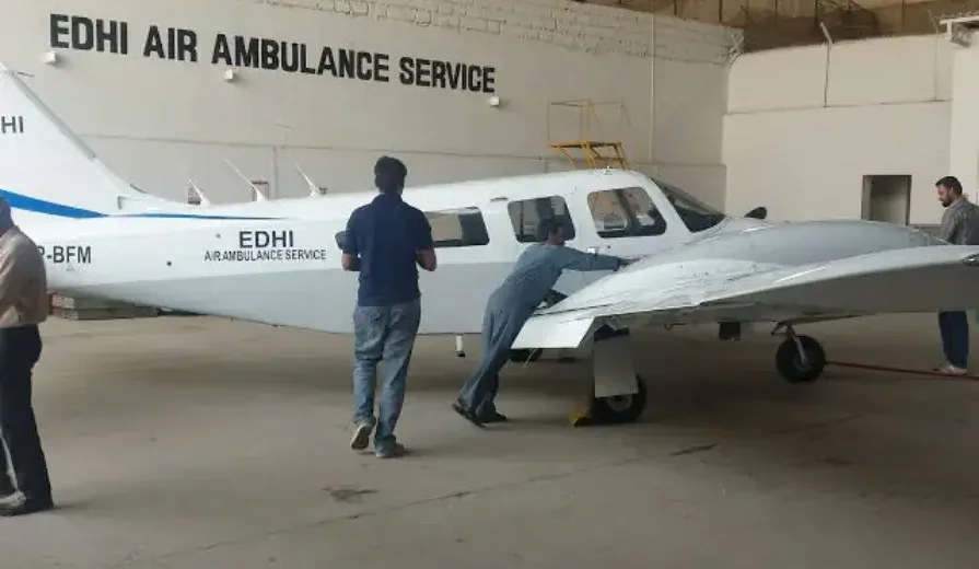 Edhi Foundation's newly added light aircraft on a runway, ready for air ambulance service to support emergency medical response across Pakistan.