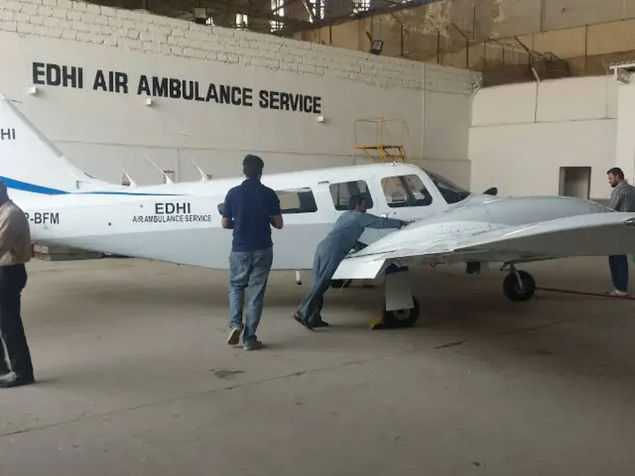 Edhi Foundation's newly added light aircraft on a runway, ready for air ambulance service to support emergency medical response across Pakistan.