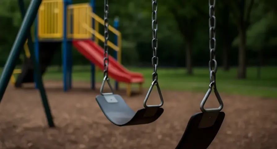 A quiet, empty children’s playground with a vacant swing set in the foreground, symbolizing a tragic accident in Faisalabad that claimed a young girl’s life.