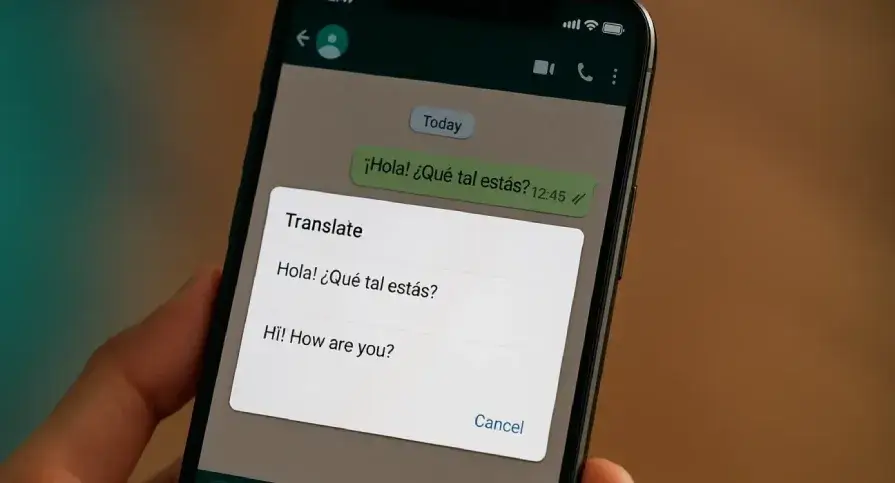 A smartphone screen showing WhatsApp's new message translation feature in action, converting a Spanish message into English within the chat interface