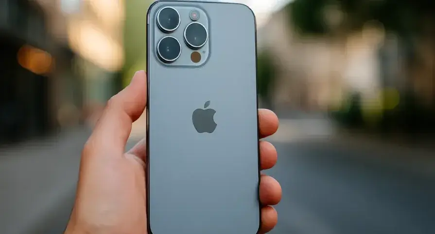 A person holding a sleek iPhone against a blurred urban background, symbolizing Apple's rise to become the world's top smartphone brand in 2025.
