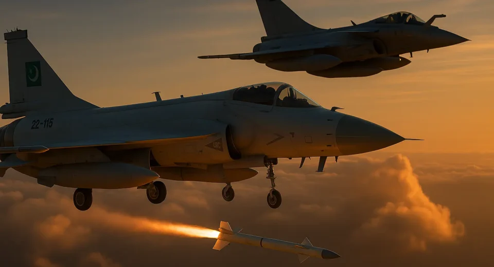 Two advanced fighter jets—a Chinese J-10C and a French Rafale—engage in a high-speed aerial maneuver against a backdrop of sunset-lit clouds, symbolizing a historic air combat encounter.