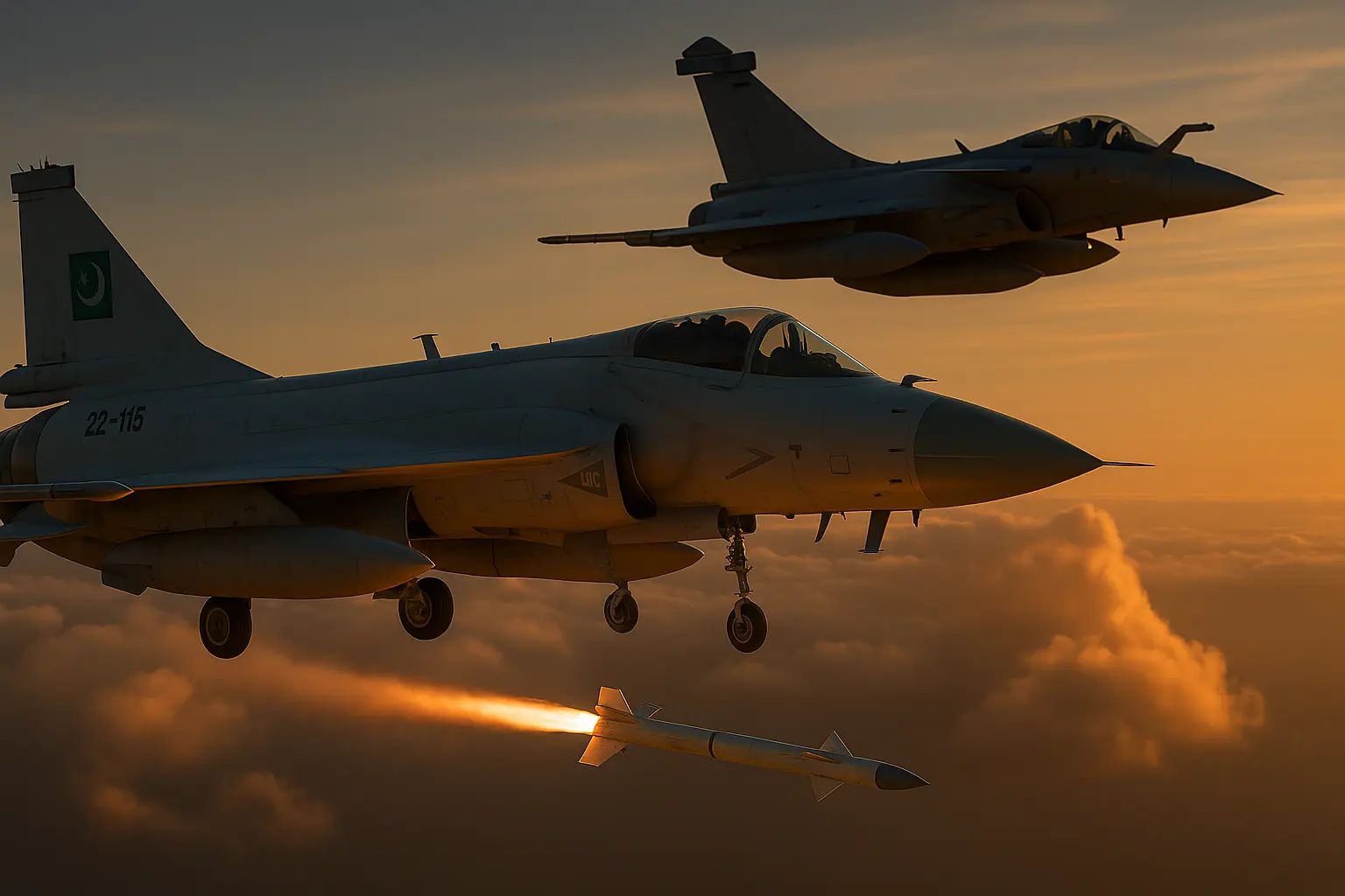 Two advanced fighter jets—a Chinese J-10C and a French Rafale—engage in a high-speed aerial maneuver against a backdrop of sunset-lit clouds, symbolizing a historic air combat encounter.