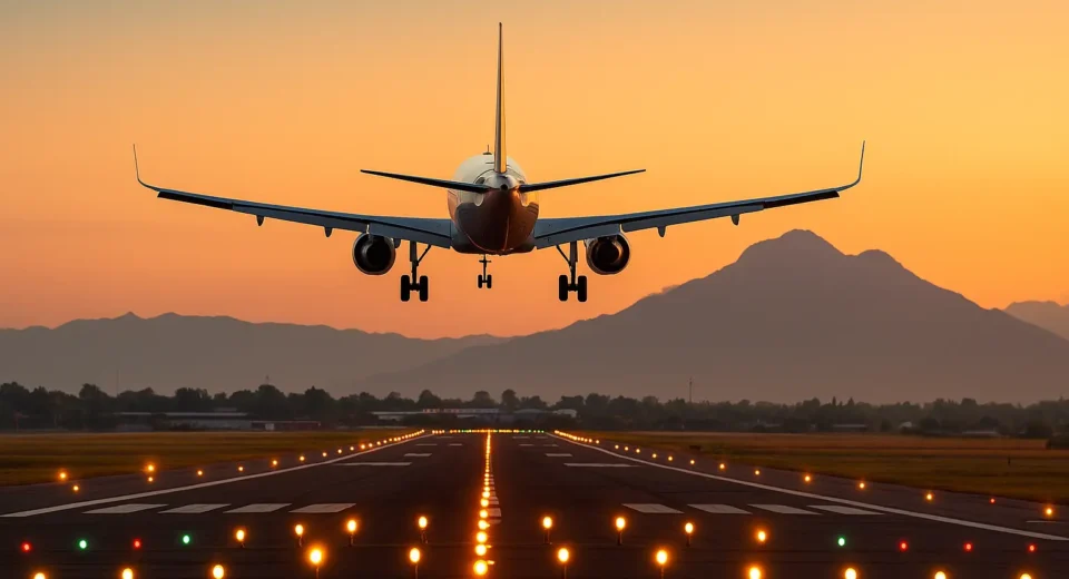 Commercial airplane landing at Islamabad airport during sunset after airspace reopening
