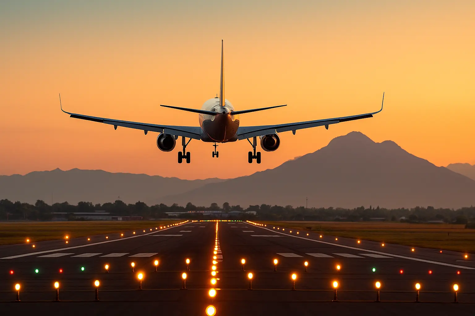 Commercial airplane landing at Islamabad airport during sunset after airspace reopening
