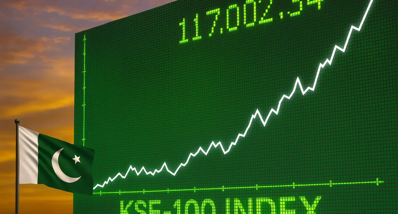 A digital display shows soaring stock market graphs and the KSE-100 Index in a modern financial trading environment, symbolizing Pakistan’s record market rally after the ceasefire with India.