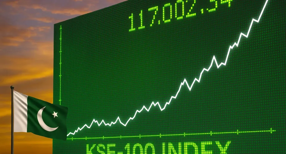 A digital display shows soaring stock market graphs and the KSE-100 Index in a modern financial trading environment, symbolizing Pakistan’s record market rally after the ceasefire with India.
