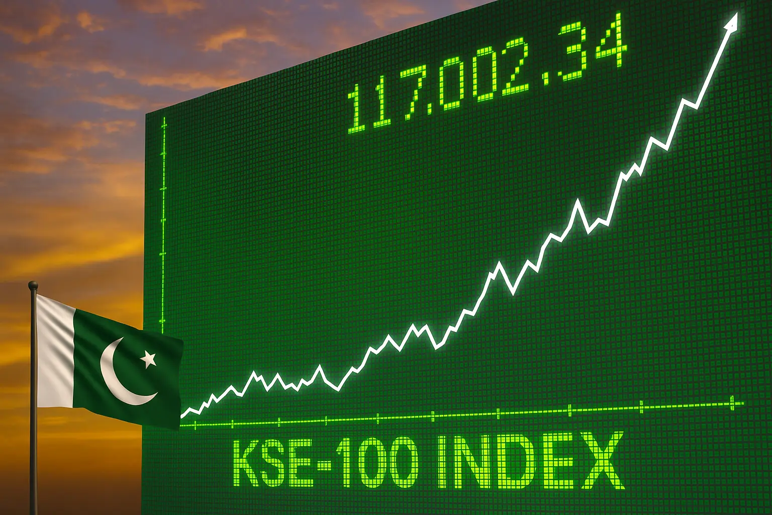 A digital display shows soaring stock market graphs and the KSE-100 Index in a modern financial trading environment, symbolizing Pakistan’s record market rally after the ceasefire with India.