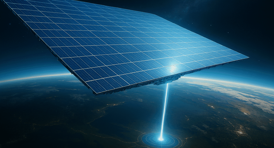 Concept art of solar power station orbiting Earth collecting sunlight