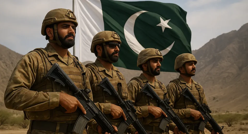 Four Pakistani soldiers in uniform stand confidently in a row against a dramatic cloudy sky, symbolizing strength, unity, and the successful completion of Operation Bunyanum Marsoos.