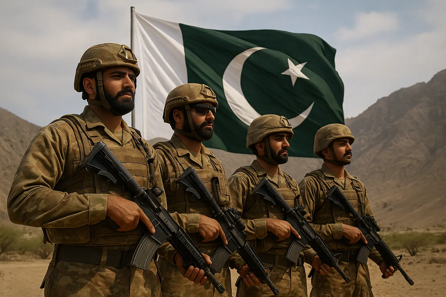 Four Pakistani soldiers in uniform stand confidently in a row against a dramatic cloudy sky, symbolizing strength, unity, and the successful completion of Operation Bunyanum Marsoos.