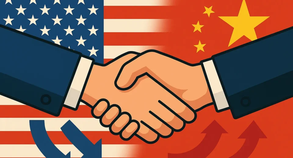 A symbolic 2D digital illustration showing the US and China flags divided by two hands shaking across a lowered tariff barrier, representing trade truce and economic cooperation.