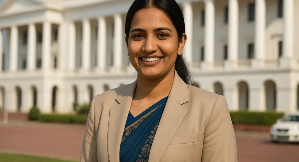 A dignified South Asian woman dressed in traditional attire stands confidently outside a government building, symbolizing leadership, diversity, and empowerment in public service.
