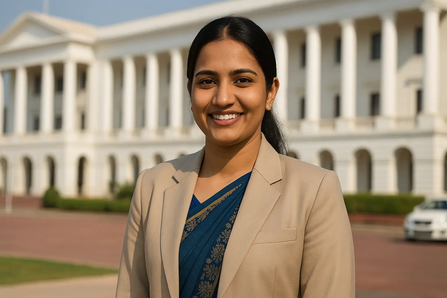 A dignified South Asian woman dressed in traditional attire stands confidently outside a government building, symbolizing leadership, diversity, and empowerment in public service.