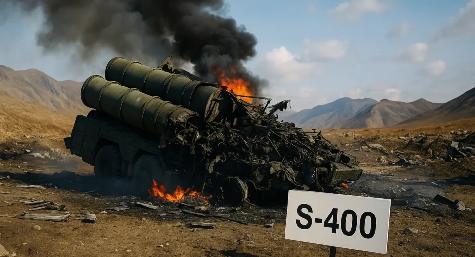 A digital representation of a destroyed S-400 missile defense system smoking in a barren landscape under a stormy sky, symbolizing its failure in a modern combat scenario.