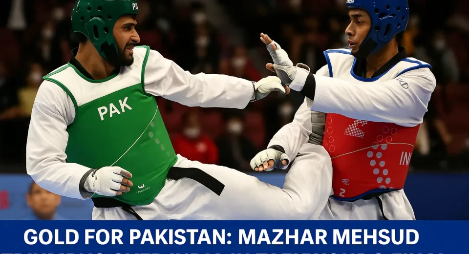 Two male taekwondo athletes in mid-action during a championship match, wearing protective gear and competing in a brightly lit indoor arena, symbolizing international sports excellence.