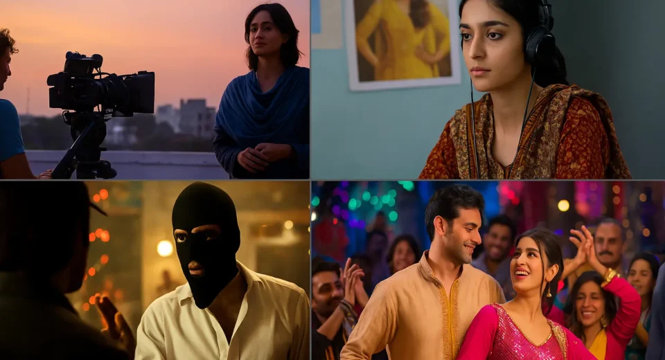 A collage of four film stills showcasing Pakistani filmmakers and scenes from Crescent Collective’s participation at Cannes 2025, highlighting global storytelling rooted in local culture.