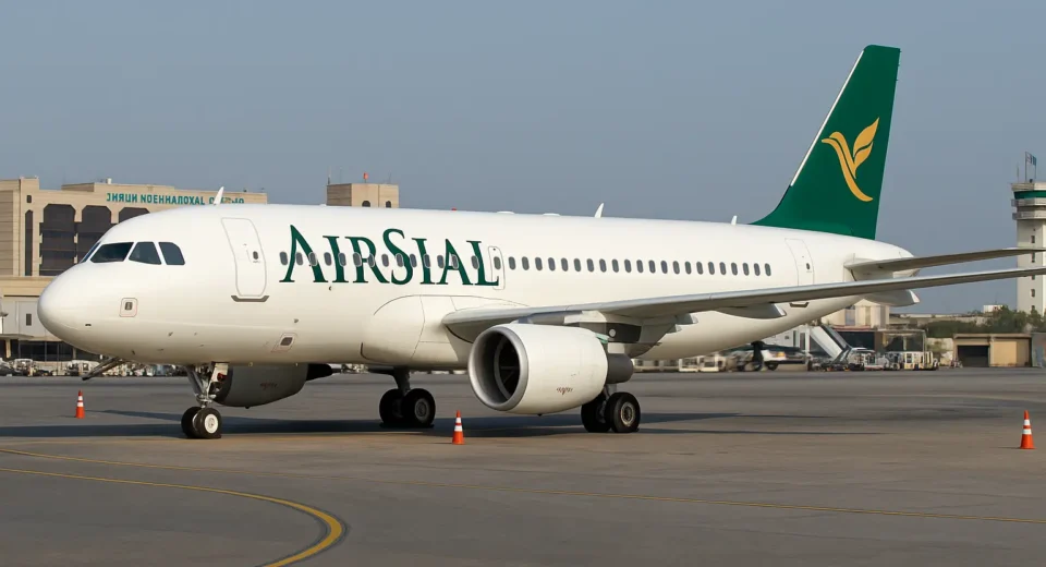 AirSial Airbus A320 parked at Jinnah International Airport in Karachi on a clear day