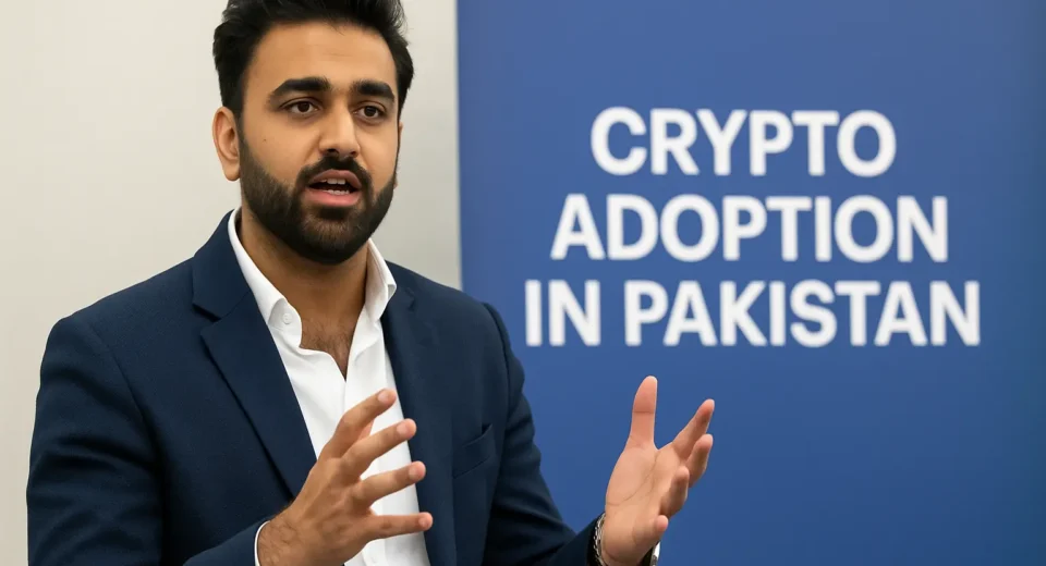 Bilal Bin Saqib speaking about crypto adoption in Pakistan, highlighting youth engagement and blockchain innovation