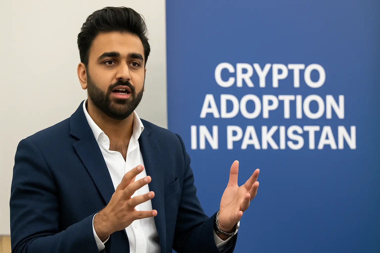 Bilal Bin Saqib speaking about crypto adoption in Pakistan, highlighting youth engagement and blockchain innovation
