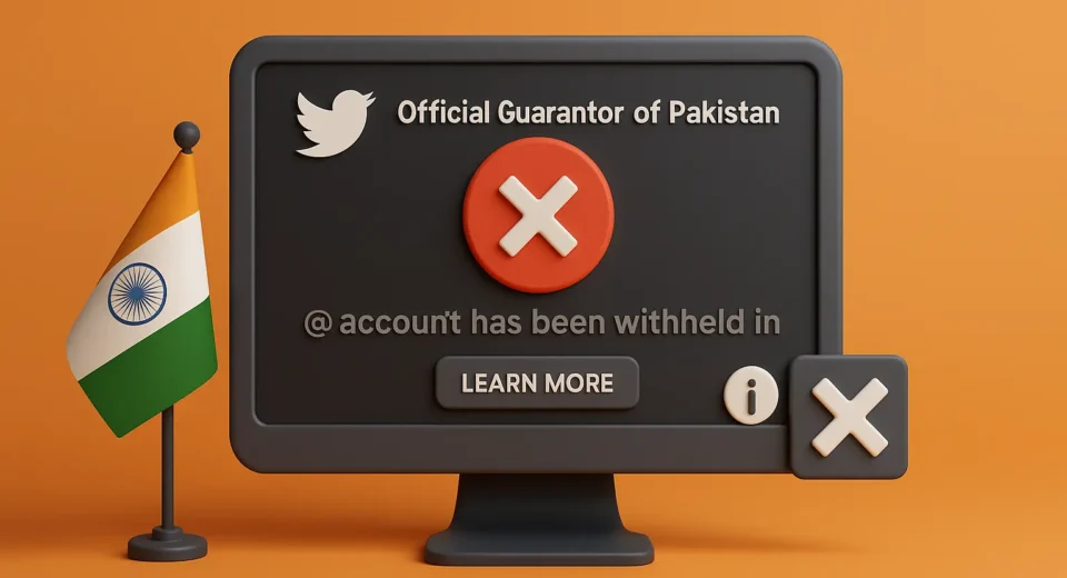 A 3D-rendered digital illustration depicts a computer screen showing a "content unavailable" message with Pakistani social media profiles blurred out, symbolizing digital censorship in India.
