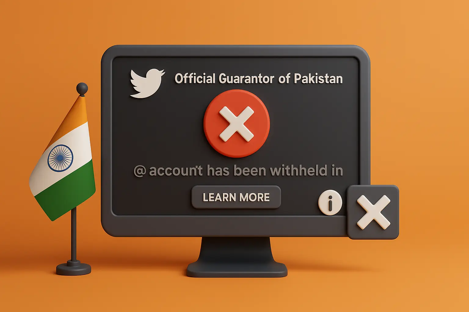 A 3D-rendered digital illustration depicts a computer screen showing a "content unavailable" message with Pakistani social media profiles blurred out, symbolizing digital censorship in India.