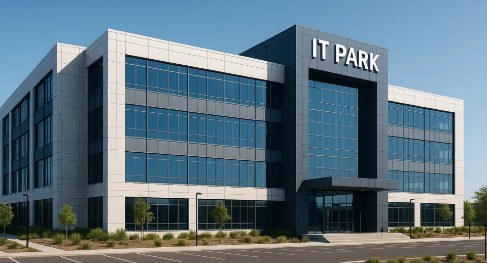 A high-resolution digital photograph captures a modern, multi-story Information Technology Park in Islamabad at dusk, showcasing sleek glass architecture, illuminated office interiors, and landscaped surroundings, symbolizing technological progress and innovation in Pakistan.