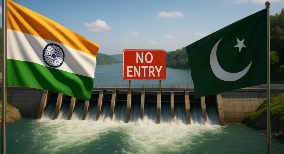 A 3D-rendered digital image of a large dam structure blocking a river flow, with surrounding mountainous terrain and a visibly reduced water stream passing through the spillway, symbolizing water control or restriction in a cross-border context.