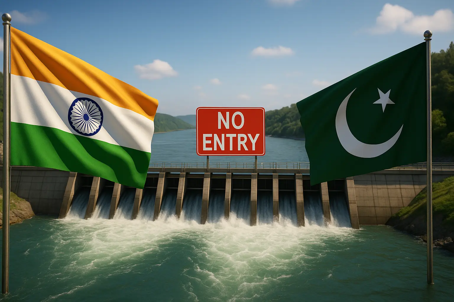 A 3D-rendered digital image of a large dam structure blocking a river flow, with surrounding mountainous terrain and a visibly reduced water stream passing through the spillway, symbolizing water control or restriction in a cross-border context.