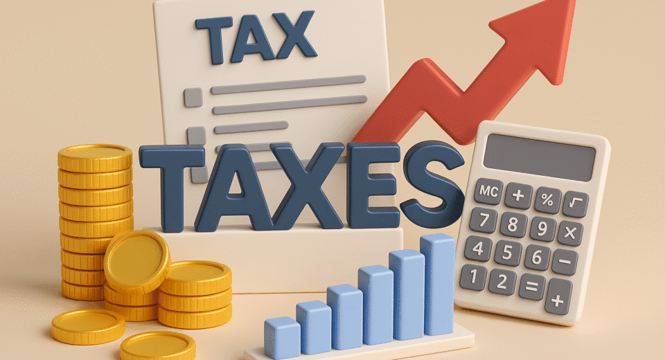 A 3D-rendered digital image shows the word "TAX" in bold red letters on top of stacked financial documents and coins, symbolizing rising taxation policies. The background includes currency notes and a calculator, reflecting financial planning and economic challenges.