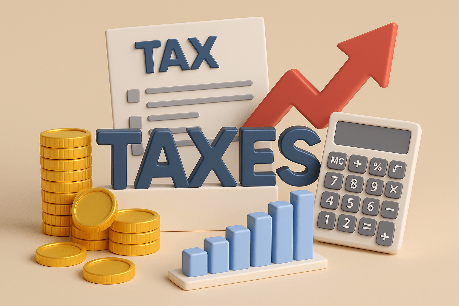 A 3D-rendered digital image shows the word "TAX" in bold red letters on top of stacked financial documents and coins, symbolizing rising taxation policies. The background includes currency notes and a calculator, reflecting financial planning and economic challenges.