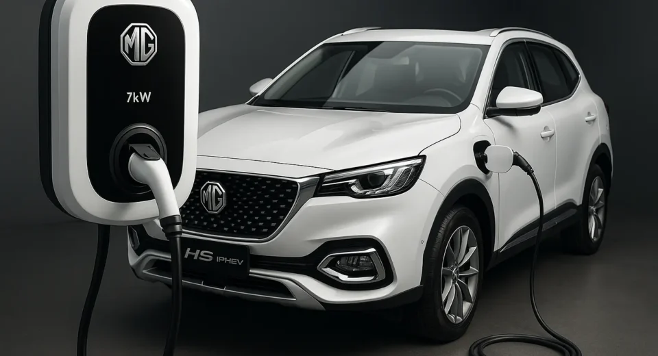 A digital photograph showcases an MG-branded 7kW electric vehicle wall-mounted charger installed in a modern garage, positioned next to an MG HS PHEV SUV. The setup reflects a clean and efficient home charging environment, symbolizing the shift toward smart EV infrastructure in Pakistan.