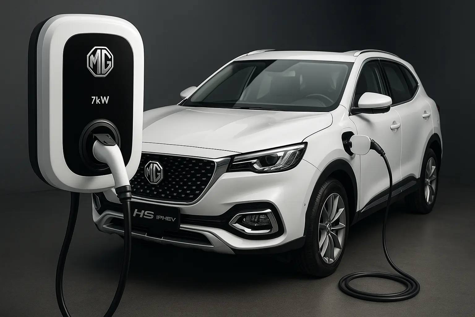A digital photograph showcases an MG-branded 7kW electric vehicle wall-mounted charger installed in a modern garage, positioned next to an MG HS PHEV SUV. The setup reflects a clean and efficient home charging environment, symbolizing the shift toward smart EV infrastructure in Pakistan.