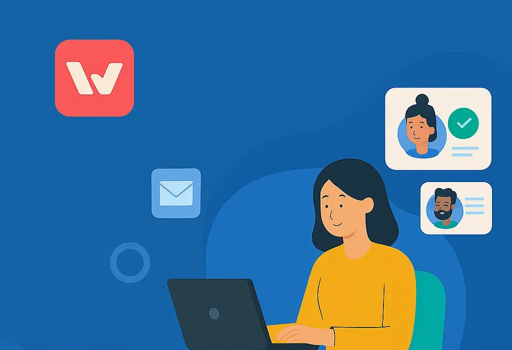 A flat-style digital illustration featuring a dark-haired professional woman working remotely on a laptop, set in a modern home office with plants and shelves in the background, symbolizing remote work opportunities and digital inclusion.