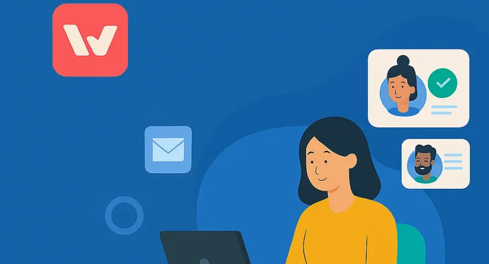 A flat-style digital illustration featuring a dark-haired professional woman working remotely on a laptop, set in a modern home office with plants and shelves in the background, symbolizing remote work opportunities and digital inclusion.