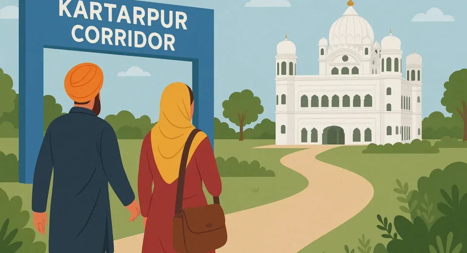 Illustration of schoolchildren entering a clean, well-maintained school with books and educational icons in the background, representing Punjab’s large-scale enrollment of out-of-school children and education reforms.