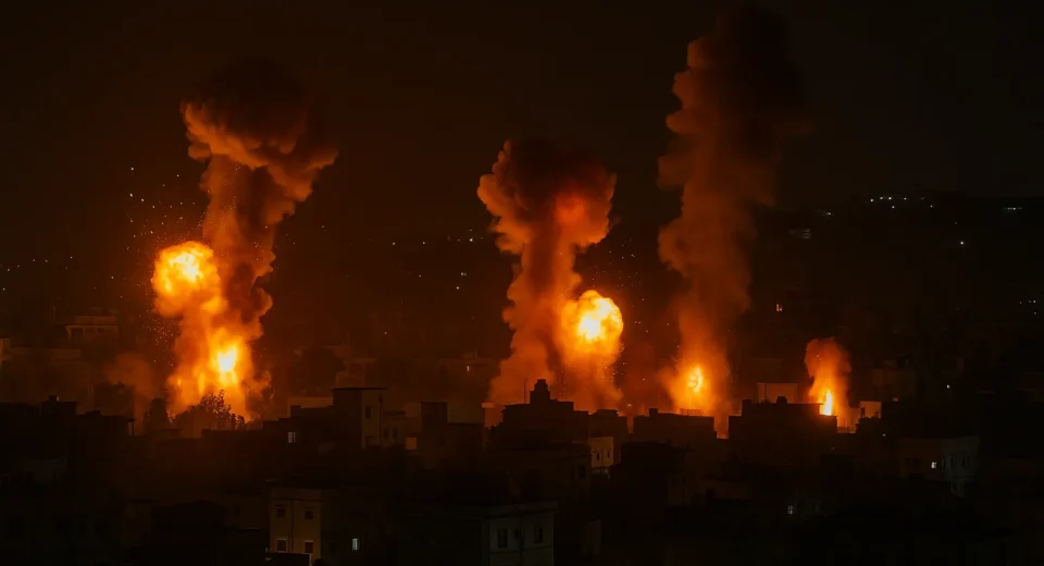 A nighttime cityscape shows multiple fiery explosions and rising smoke plumes from missile strikes, illuminating the dark urban area with intense orange and yellow bursts.