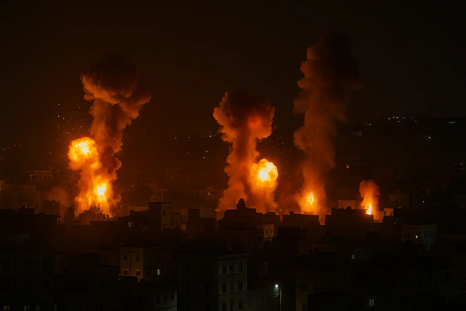 A nighttime cityscape shows multiple fiery explosions and rising smoke plumes from missile strikes, illuminating the dark urban area with intense orange and yellow bursts.