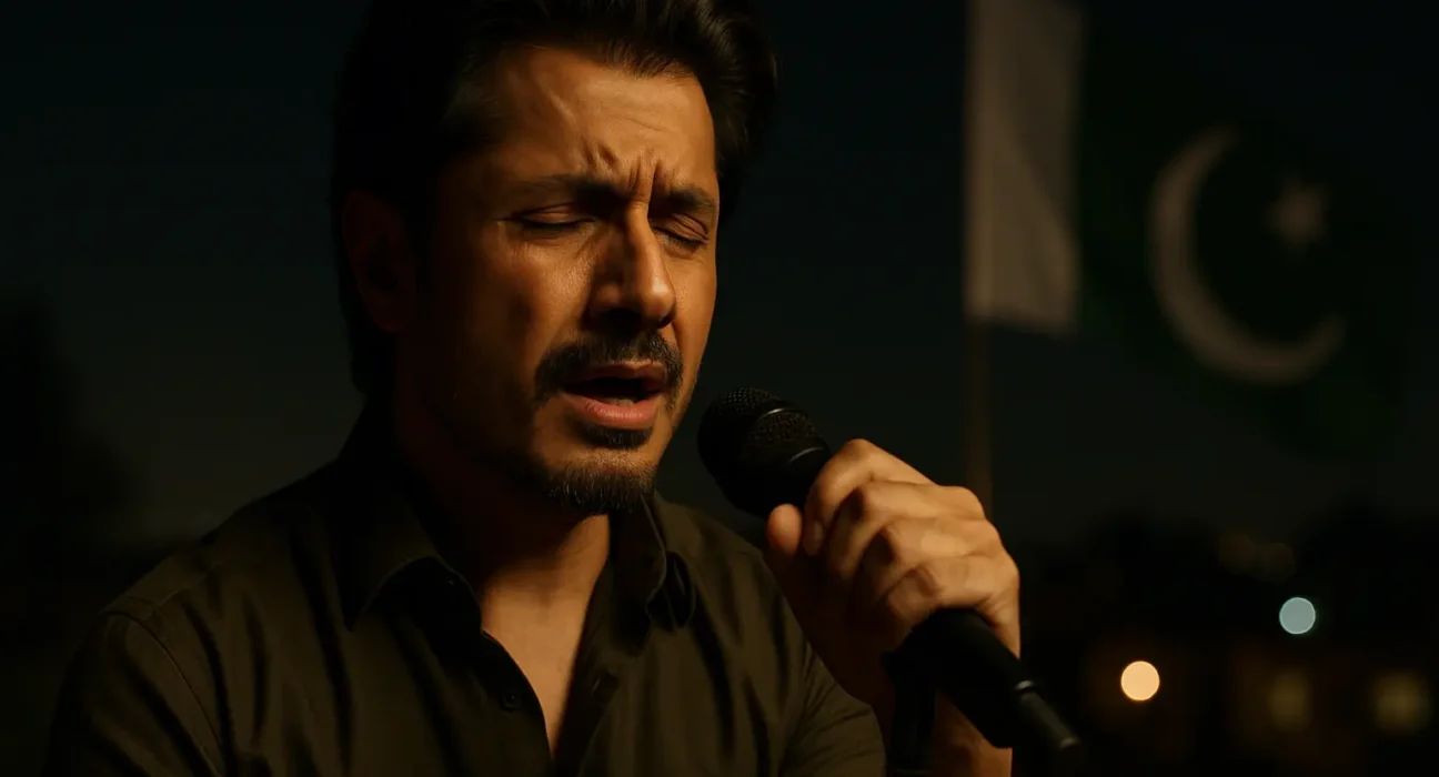 A Pakistani man with expressive features sings passionately into a microphone at night, with a blurred Pakistani flag waving in the background and city lights glowing softly behind him.