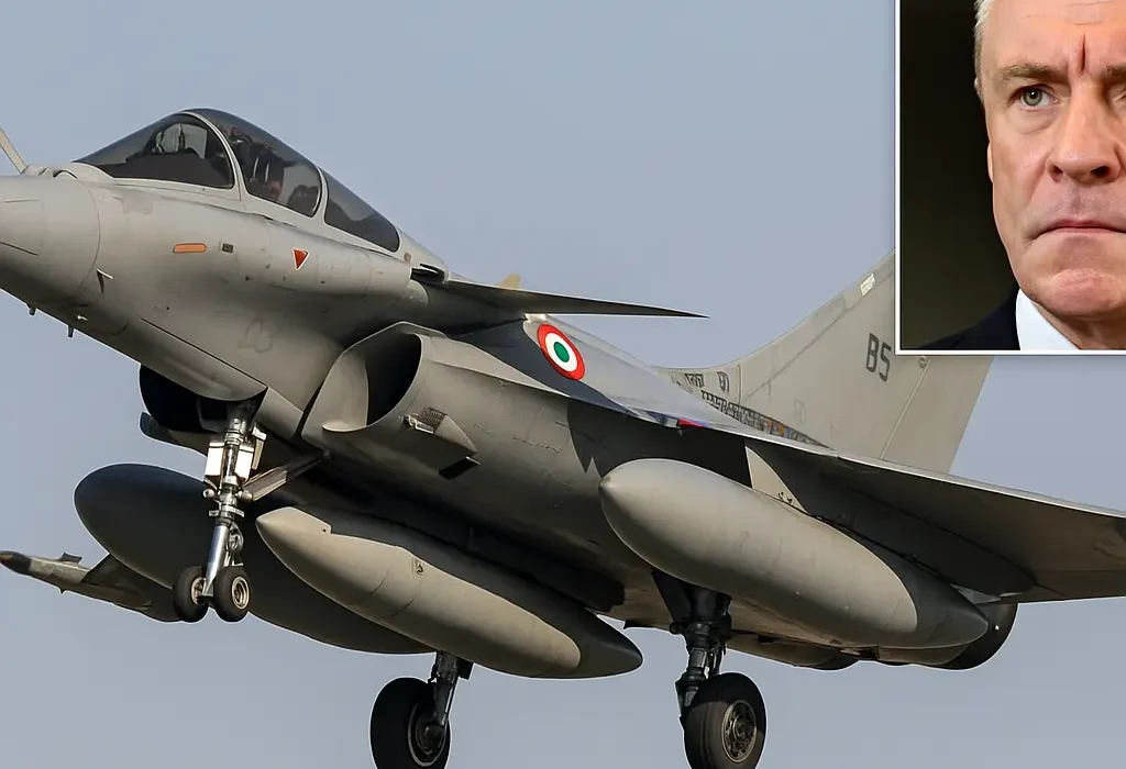 An Indian Rafale fighter jet flying with landing gear extended, displaying the Indian Air Force roundel, with an inset of a serious-faced middle-aged man in a suit, symbolizing a French intelligence official.
