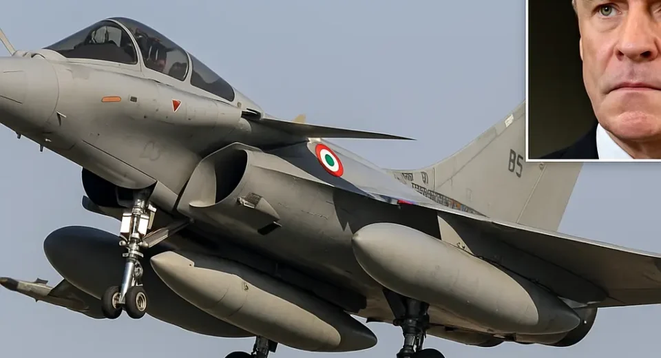 An Indian Rafale fighter jet flying with landing gear extended, displaying the Indian Air Force roundel, with an inset of a serious-faced middle-aged man in a suit, symbolizing a French intelligence official.