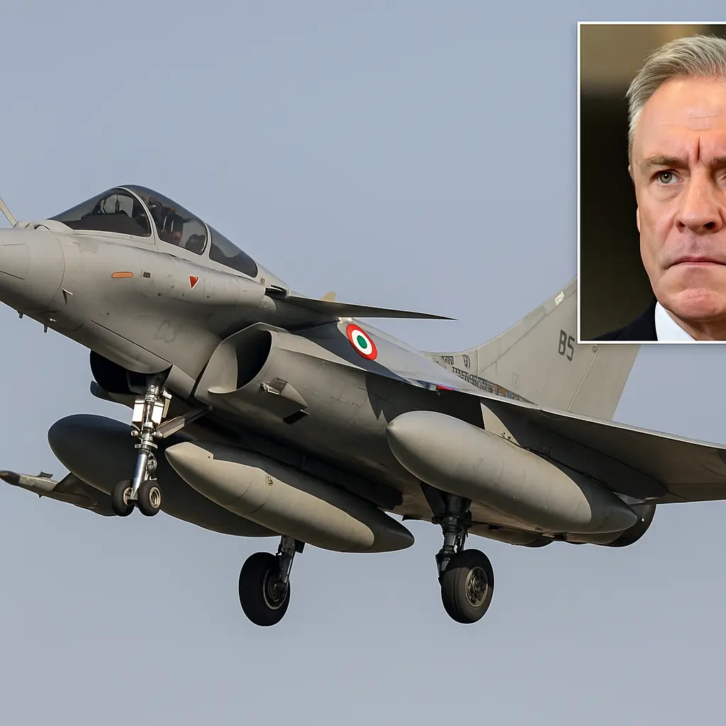 An Indian Rafale fighter jet flying with landing gear extended, displaying the Indian Air Force roundel, with an inset of a serious-faced middle-aged man in a suit, symbolizing a French intelligence official.